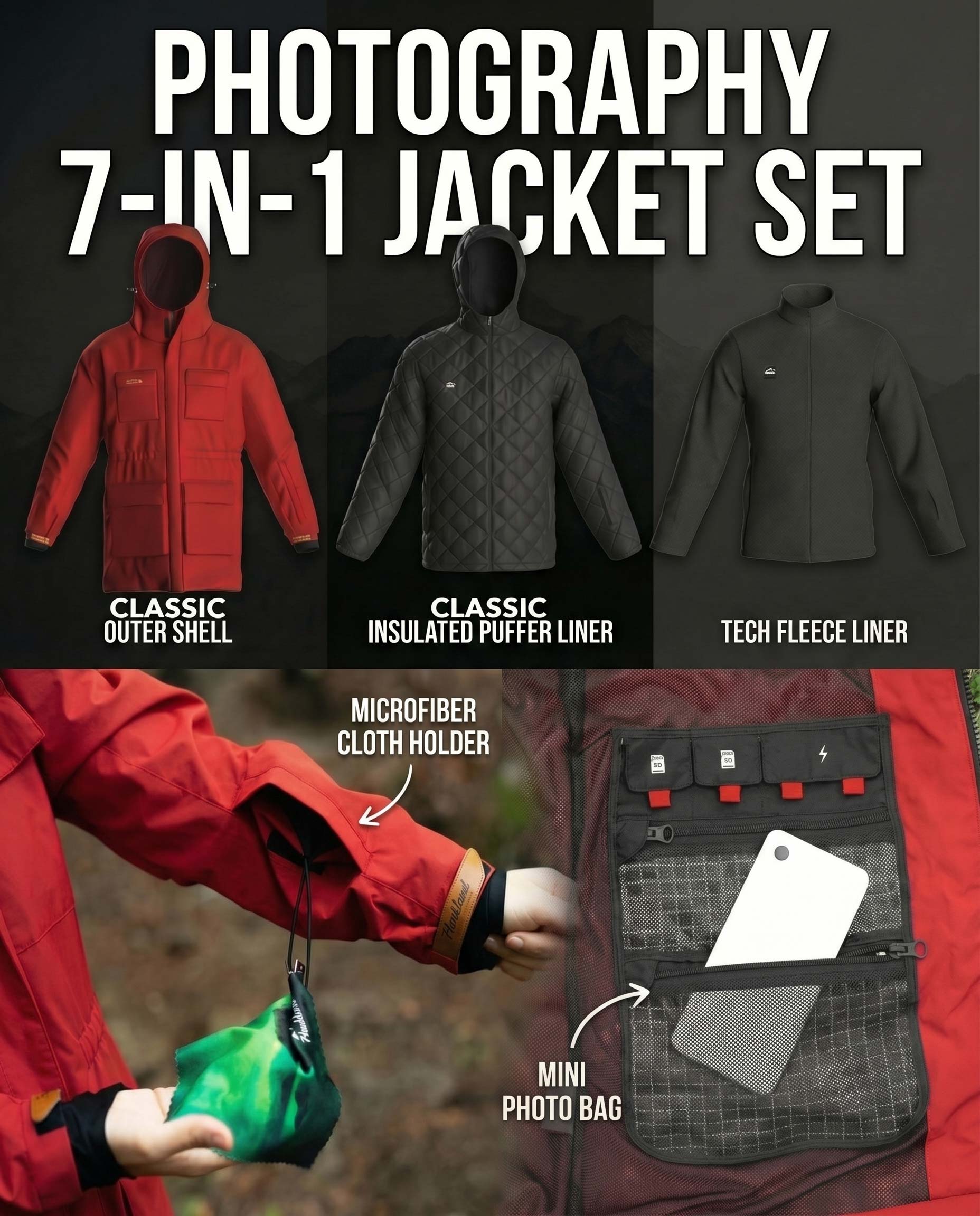 Haukland Classic - 7in1 Set - Outdoor Jacke für Fotografen – Rot - (Auslaufmodell)